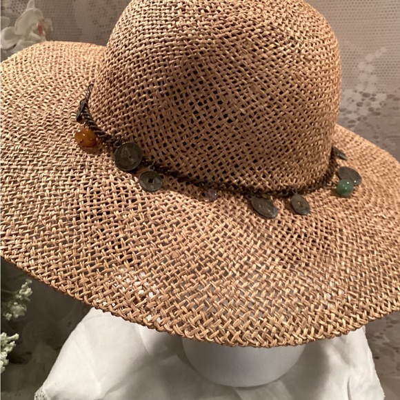 Natural Straw Women’s Summer Floppy Hat/ Distressed Coin /Beaded Charm Band - Picture 6 of 11